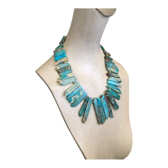 Handmade Natural Blue Ocean Stone Side Drilled Slab Beads Gold Beads Necklace - Picture 4 of 11